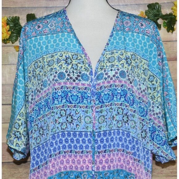 Liberty Love Blue Floral Cardigan Kimono Jacket Size L Long Fringe Festival Boho - Picture 4 of 14